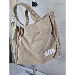 beige KALIDI FANCY FOREST corduroy tote bag featuring both handles and an...